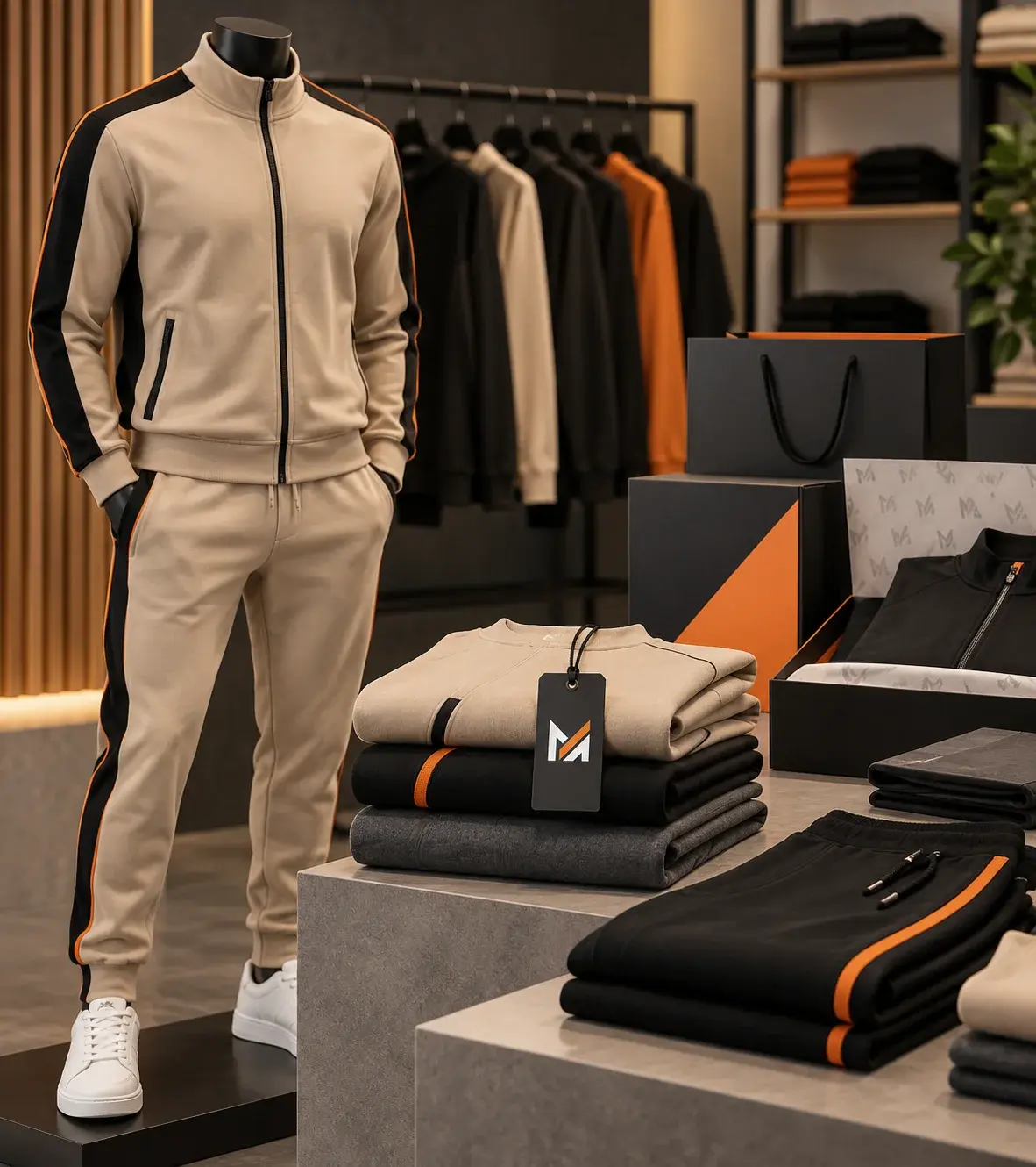 Beige custom tracksuit on a mannequin displayed in a premium apparel showroom with folded garments, branded hang tag, and black-and-orange packaging.